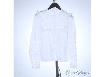 ITS BEAUTIFUL : REFORMATION WHITE VOILE SHIRT WITH LACE CUTOUTS AND RUFFLES XS