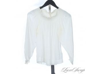 BRAND NEW WITH TAGS $175 MAJE WHITE VOILE SHIRT WITH ELASTIC RUFFLE SMOCK DETAIL 1