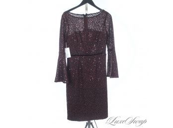 BRAND NEW WITH TAGS $398 CARMEN MARC VALVO INFUSION BLACK AND RUBY BOATNECK BELL SLEEVE SEQUIN DRESS 6