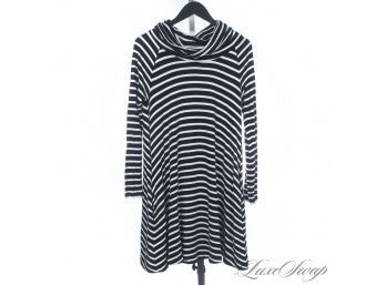 WEEKEND PERFECT : LOU & GREY BLACK AND WHITE STRIPED STRETCH COWLNECK LONG SHIRT DRESS WITH POCKETS!