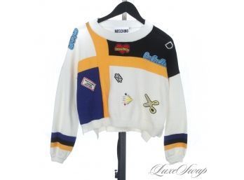 MEGA MEGA EXPENSIVE MOSCHINO MILANO COUTURE WHITE COLORBLOCK PATCH EMBROIDERED CROPPED SWEATER L