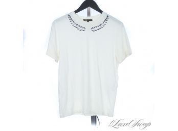 BRAND NEW WITHOUT TAGS MAJE WHITE DRAPED TEE SHIRT WITH EMBROIDERED ACANTHUS NECKLINE 1