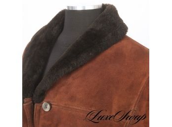 $2000 BARNEYS NEW YORK SNUFF BROWN SUEDE FULL SHEARLING UNSTRUCTURED COAT M