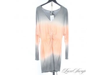 I LOVE OMBRE :) YOUNG, FABULOUS & BROKE PEACH AND MERCURY GREY RUCHED FRONT LONG SLEEVE STRETCH JERSEY DRESS L