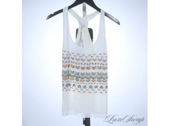 BRAND NEW WITH TAGS GRAYLIN OFF WHITE CHIFFON RACERBACK SHIRT WITH BLUE AND GOLD BEAD EMBROIDERY M