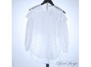 SANDRO PARIS WHITE BRODERIE ANGLAISE LACE EYELET SHIRT WITH CUTOUT SHOULDERS 10