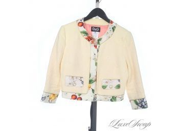 OH THIS IS AMAZING : DOLCE & GABBANA MADE IN ITALY CREAM LEMON SPRING TWEED JACKET WITH FLORAL TRIM 44