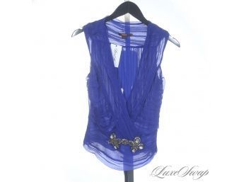 THIS COLOR IS NUTS : STUNNING REISS SAPPHIRE ROYAL BLUE RUCHED CHIFFON PLUNGING NECK SHIRT WITH CRYSTALS 8
