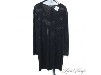 HOLIDAY PARTY READY! ST. JOHN BLACK STRETCH KNIT SEQUIN SPARKLE INSET RIBBED V-NECK DRESS WOW!!!