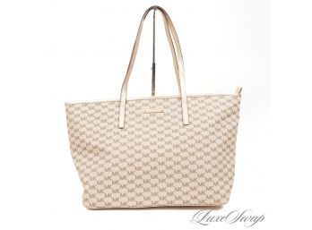 MASSIVE AND TOTALLY MONOGRAMMED! MICHAEL KORS NATURAL WHEAT COATED CANVAS ALLOVER MK NEVER FULL TOTE BAG