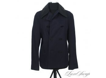 BRAND NEW WITH $815 TAGS SANDRO PARIS NAVY BLUE PIQUE PEACOAT WITH REAL LEATHER COLLAR L