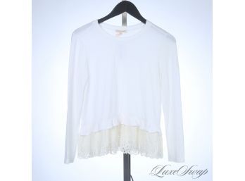 SO SOFT! REBECCA TAYLOR CHALK WHITE JERSEY TOP WITH LACE HEM AND RUFFLED PEPLUM S