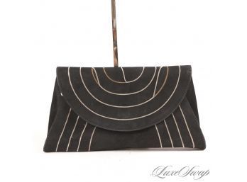 OMG THIS IS BEAUTIFUL : AUTHENTIC SALVATORE FERRAGAMO MADE IN ITALY BLACK SUEDE DECO CHAIN DETAIL CLUTCH BAG