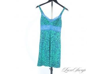 COSABELLA MADE IN ITALY VIBRANT GREEN AND BLUE ANIMAL PRINT UNLINED SLIP DRESS WITH BLUE LACE INSET S
