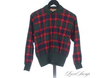 THIS IS KILLER VINTAGE : 1980S AUTHENTIC CHRISTIAN DIOR PARIS RED/GREEN TARTAN PLAID CROPPED POLO SHIRT M