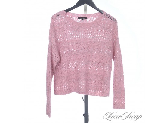 REEEEALLY SOFT! NANETTE LEPORE BABY ALPACA BLEND MAUVE PINK SPARKLE INFUSED LOOSE KNIT CROCHET SWEATER S