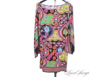 NOT FOR THE SHY! TRINA TURK LOS ANGELES ALLOVER PSYCHEDELIC MULTI DOLMAN SLEEVE TUNIC TOP L