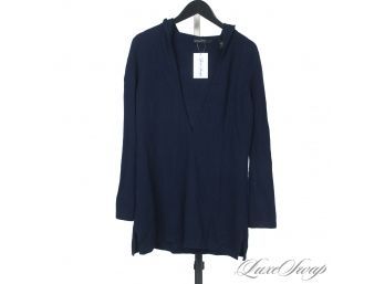 DRIPPING LUXE : LORD AND TAYLOR ONE HUNDRED PERCENT TWO PLY CASHMERE MIDNIGHT BLUE HOODED TUNIC SWEATER L