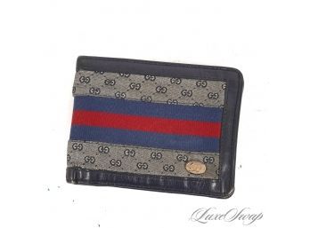 INSANE! AUTHENTIC VINTAGE GUCCI MADE IN ITALY NAVY BLUE LEATHER AND MONOGRAM CANVAS RACE STRIPE MENS WALLET