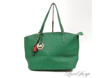 BRAND NEW AND UNUSED AUTHENTIC MICHAEL KORS VIBRANT GREEN LEATHER LARGE ZIP TOP TOTE BAG WITH TASSEL CHARMS