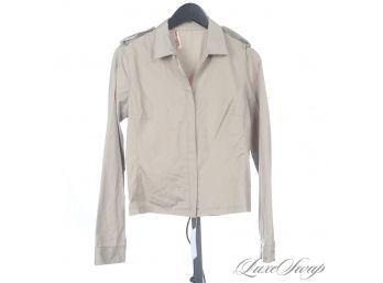 AUTHENTIC PRADA LINEA ROSSA MADE IN ITALY TAN POPLIN ZIP FRONT MILITARY STYLE WOMENS SHIRT L