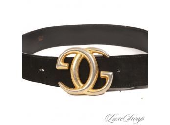 THE STAR OF THE SHOW! INSANE HUGE VINTAGE AUTHENTIC GUCCI BRASS 'MARMONT' DOUBLE G BUCKLE BLACK SUEDE BELT 80