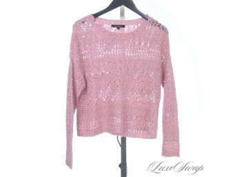 REEEEALLY SOFT! NANETTE LEPORE BABY ALPACA BLEND MAUVE PINK SPARKLE INFUSED LOOSE KNIT CROCHET SWEATER S