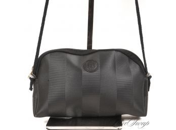 AUTHENTIC VINTAGE FENDI MADE IN ITALY BLACK/GREY 'PEQUIN' STRIPE SMALL ZIPTOP BAG WITH SHOULDER STRAP