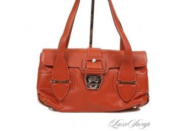 THIS COLOR OMGGGGG : AUTHENTIC SALVATORE FERRAGAMO MADE IN ITALY SPICE RUST GRAINED LEATHER DOUBLE FLAP BAG