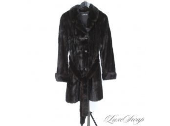 #5 A STUNNING SUPERIOR FURS OF MANHASSET MAHOGANY GENUINE MINK FUR CRYSTAL BUTTON SELF BELTED LONG COAT