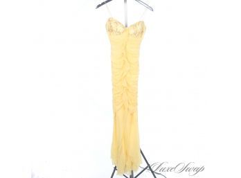 WHAT A COLOR! JOVANI PURE SILK LEMON YELLOW RUCHED CHIFFON LONG DRESS WITH CRYSTAL BUST