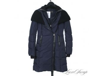 THIS THING IS MASSIVE! MACKAGE MIDNIGHT BLUE DUVET DOWN FILLED QUILTED KNIT HOOD LONG PARKA COAT XS