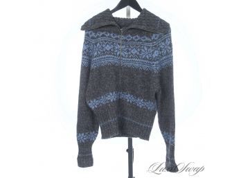 STRESSING THE CHUNKY IMPORTANCE AGAIN : FREE PEOPLE CHARCOAL GREY AND BLUE FAIR ISLE STRIPE SWEATER JACKET L