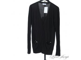 OUI OUI! SONIA RYKIEL PARIS SOFT BLACK LONG CARDIGAN SWEATER WITH PAILLETTE SEQUIN EMBROIDERED POCKETS