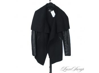 THIS WASNT CHEAP : GORGEOUS MACKAGE MONTREAL BLACK FLANNEL AND LEATHER SLEEVE DOUBLEFACED LONG COAT M