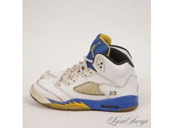 NIKE 440888-189 RETRO 5 LANEY GS WHITE / BLUE / YELLOW HIGH TOP SNEAKERS 6Y