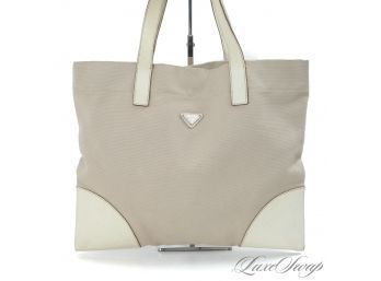 AUTHENTIC PRADA MADE IN ITALY SOFT SAND CANVAS AND IVORY LEATHER TRIM NARROW LARGE TOTE BAG