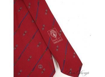 AUTHENTIC VINTAGE GUCCI MADE IN ITALY MENS CHERRY RED SILK TIE WITH HORSEBIT AND BLUE STRIPE
