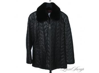 DELICIOUSLY SOFT! DANA BUCHMAN BLACK NAPPA LEATHER DIAMOND QUILTED COAT WITH SHEARED GENUINE FUR COLLAR XL