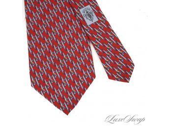 AUTHENTIC GUCCI MADE IN ITALY MENS RUBY RED SILK TIE WITH BLUE HELIX WAVE GEOMETRIC PRINT