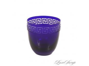 STUNNING AND NEAR MINT VERSACE BY ROSENTHAL COBALT BLUE CRYSTAL CUP WITH ETCHED GREEK KEY BORDER