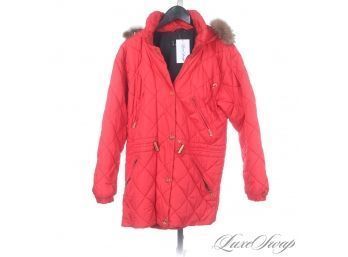 THIS ONE IS AWESOME! AUTHENTIC BOGNER MADE IN USA RED QUILTED PUFFER COAT WITH GENUINE FUR HOOD!