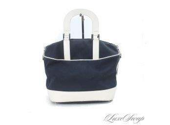AMAZING SHAPE! AUTHENTIC FENDI MADE IN ITALY NAVY BLUE CANVAS AND WHITE LEATHER TRIM SATCHEL BAG