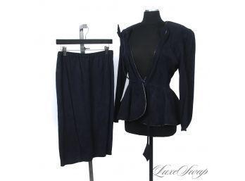 THIS WAS THOUSANDS BACK THEN! VINTAGE 1980S MANDANA NAVY SUEDE 2 PIECE SKIRT SUIT WITH SNAKESKIN TRIM M / 12