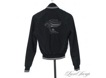 THE ONE EVERYONE WANTS! AUTHENTIC VERSACE WOMENS BLACK QUILTED VARSITY JACKET WITH LARGE MEDUSA