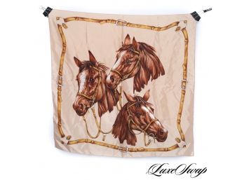 VINTAGE EQUESTRIAN HAND PRINTED IN JAPAN SCARF OF TWO HORSES