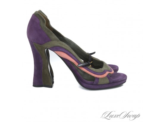 NEAR MINT VIRTUALLY BRAND NEW PRADA MADE IN ITALY GREEN PURPLE AND PINK SUEDE CHUNKY HEEL SHOES 39