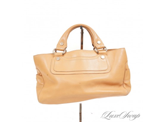 #12 THE STAR OF THE SHOW! CELINE PARIS MADE IN ITALY CAMEL TUMBLED LEATHER SATCHEL TOTE BAG
