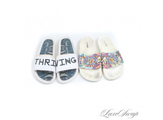 #1 LOT OF TWO BAJA EAST X MELISSA & STEVE MADDEN EMBROIDERED STRAP AND LOGO SPELLOUT SLIDE SANDALS 7 / 7.5