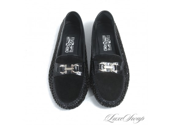 MAYBE WORN ONCE! SALVATORE FERRAGAMO BLACK OPENWORK LACE SUEDE GANCINI FLAT LOAFERS 10